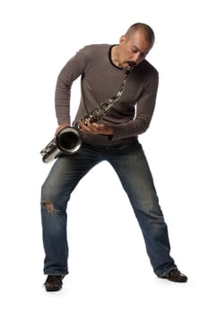 Man with saxophone on a white background