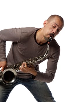 Man with saxophone on a white background