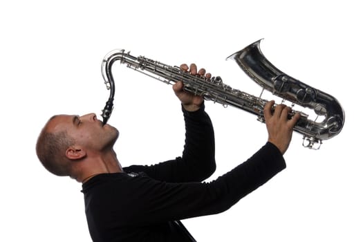 Man with saxophone on a white background