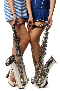 Girl with saxophone on a white background