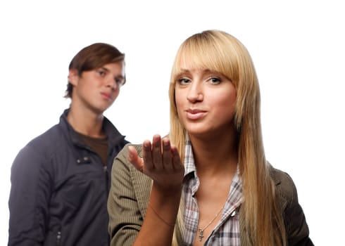 Young couple having problems with relationships on a white background.