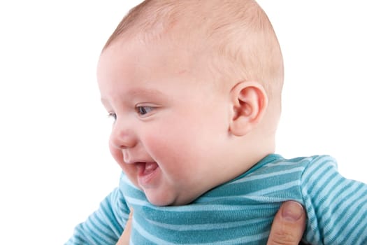 The nice small child in striped rompers on a white background.