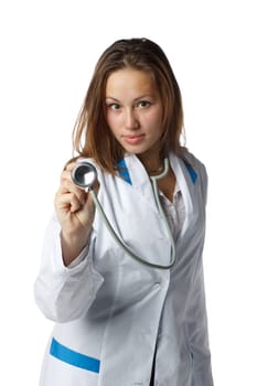 Smiling beautiful doctor with stethoscope on a  white background. Medical concept.
