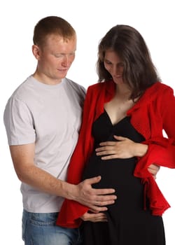 The happy pregnant woman with the husband on a white background.
