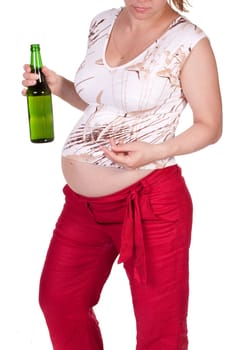 The pregnant woman with a bottle of beer and a cigarette on a white background