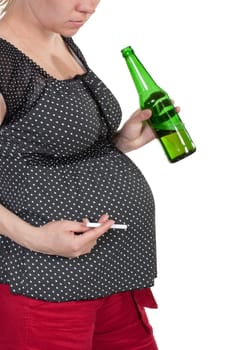 The pregnant woman with a bottle of beer and a cigarette on a white background