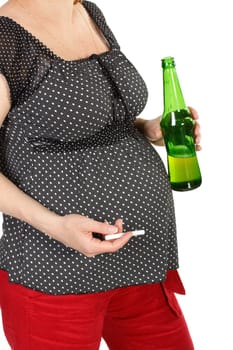 The pregnant woman with a bottle of beer and a cigarette on a white background