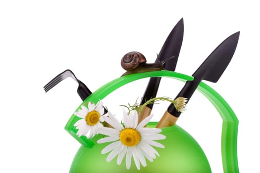Watering can garden snail and tools on a white background