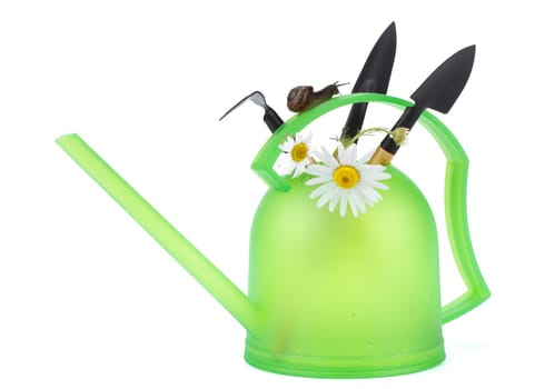 Watering can garden snail and tools on a white background