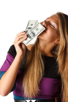 Pretty woman with money on a white background