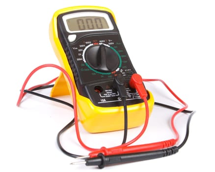 Digital yellow multimeter on a white background.