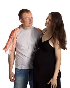 The happy pregnant woman with the husband on a white background.