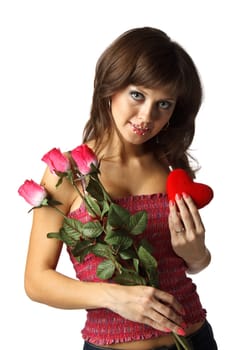 The beautiful girl with red heart and roses on a white background.
