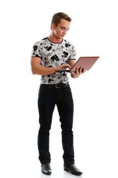 Student stands with the laptop on a white background.