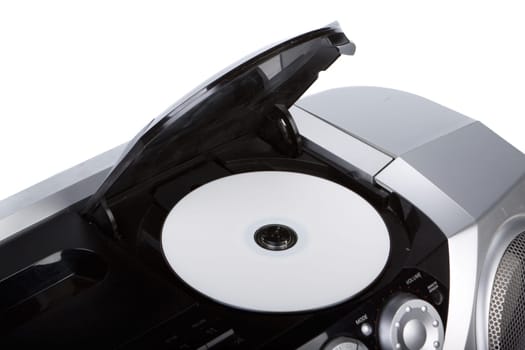 Open tray of CD-player on a white background