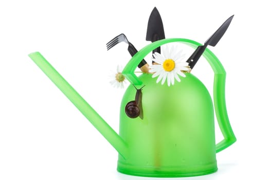 Watering can garden snail and tools on a white background