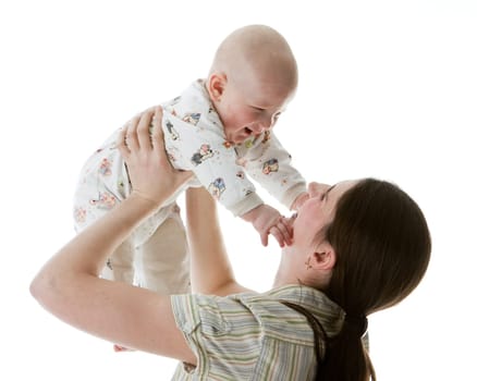 Happy family. Mother and her sweet baby on a white background.