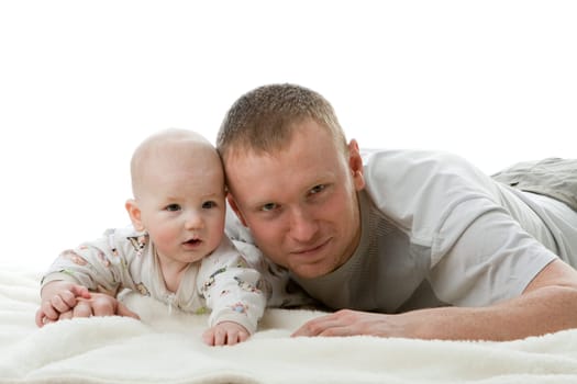 Happy family. Father and his sweet baby on a white background.