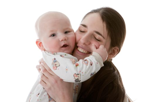 Happy family. Mother and her sweet baby on a white background.