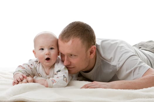 Happy family. Father and his sweet baby on a white background.