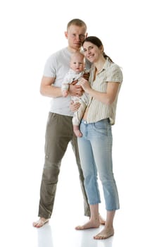 Happy family. Father, mother and sweet baby on a white background.