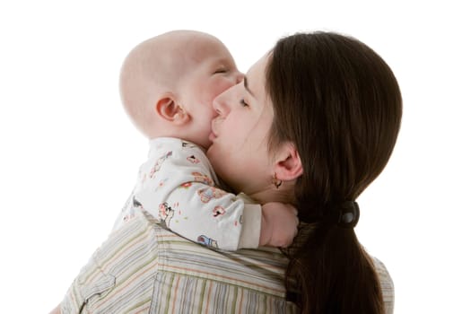 Happy family. Mother and her sweet baby on a white background.
