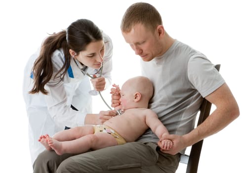 The female doctor with a stethoscope and the daddy with the small child on a white background.