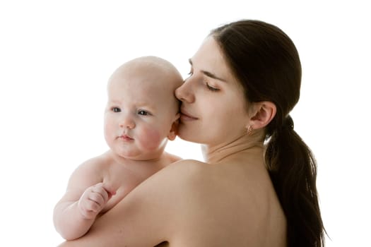 Happy family. Mother and her sweet baby on a white background.