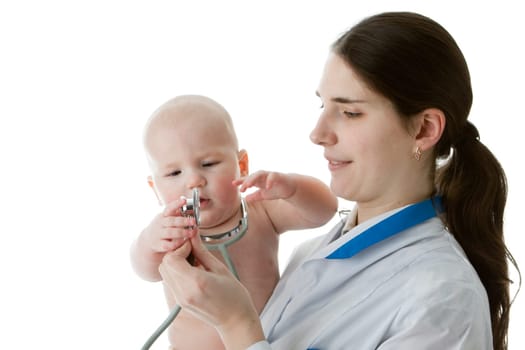 The female doctor with a stethoscope and the small patient on a white background.