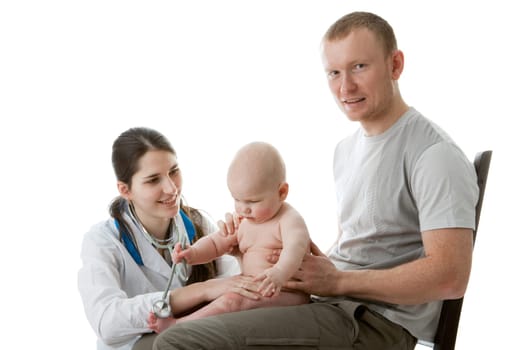 The female doctor with a stethoscope and the daddy with the small child on a white background.