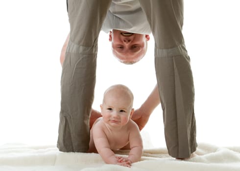 Happy family. Father and his sweet baby on a white background.