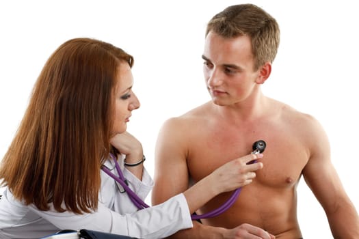 Female doctor and the male patient on a white background.