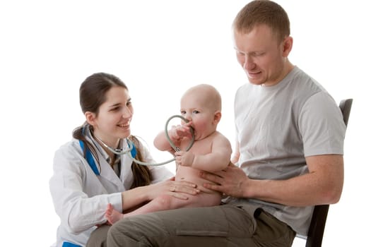 The female doctor with a stethoscope and the daddy with the small child on a white background.