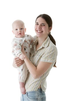 Happy family. Mother and her sweet baby on a white background.
