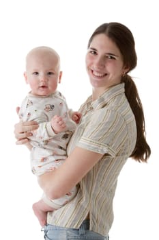 Happy family. Mother and her sweet baby on a white background.