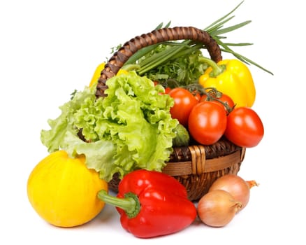 Still-life with fresh vegetables on a white background.
