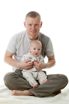 Happy family. Father and his sweet baby on a white background.