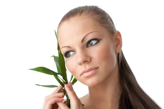 The attractive girl with a bamboo branch on a white background