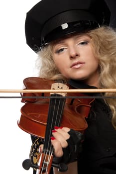 Sexy girl in a uniform of the security guard with a violin on a white background
