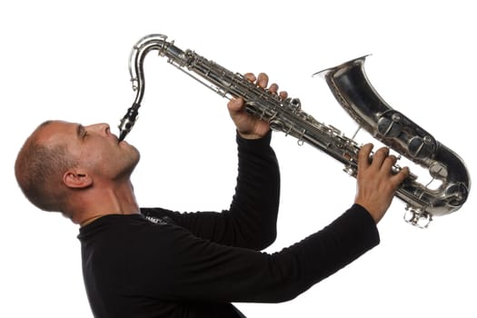 Man with saxophone on a white background