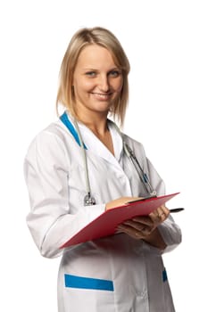 Smiling medical doctor with stethoscope and clipboard on a white background. Medical concept.