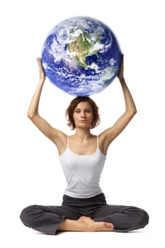 Young beautiful woman with globe on a white background.