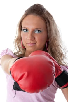 Sporty girl in red fighting gloves on a white background.