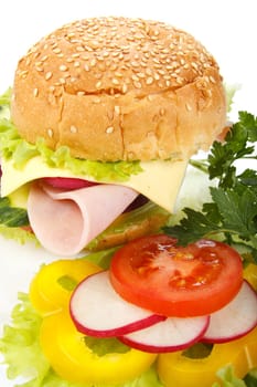 Appetizing ham sandwich on a white background