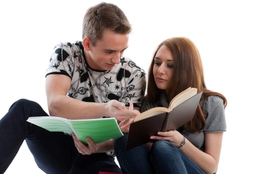 Two students prepare for examination on a white background