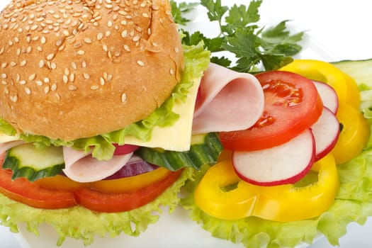 Appetizing ham sandwich on a white background