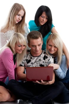 Group of students prepare for examination on a white background