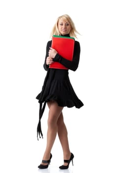 The beautiful woman stand with coloured folders on a white background.