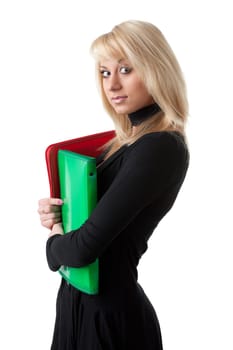 The beautiful woman stand with coloured folders on a white background.