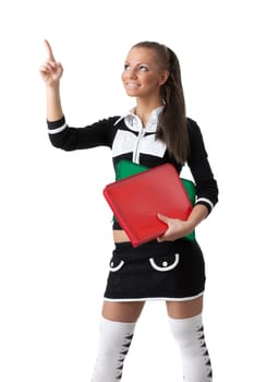 The beautiful woman stand with coloured folders on a white background.